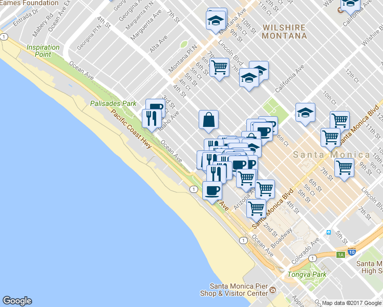 map of restaurants, bars, coffee shops, grocery stores, and more near 1017 2nd Street in Santa Monica