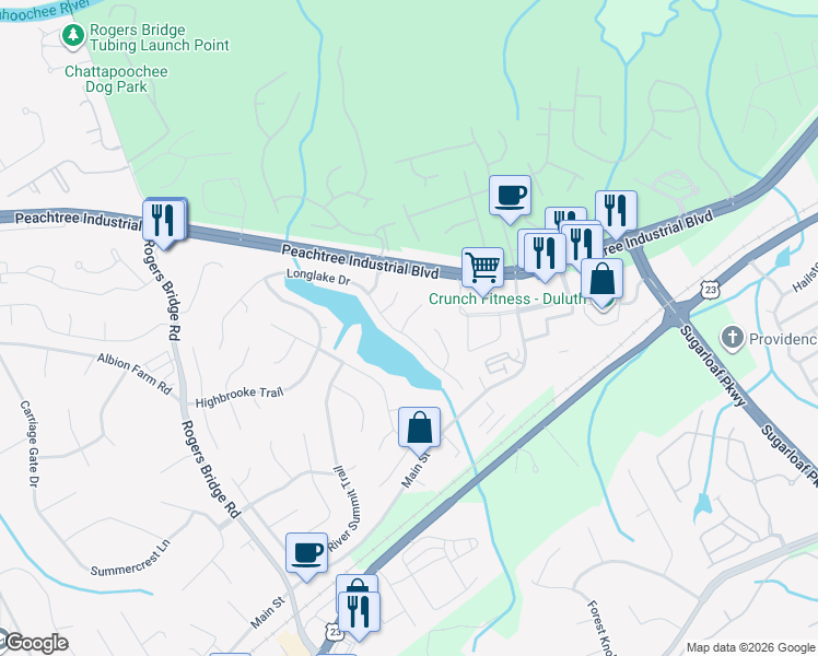 map of restaurants, bars, coffee shops, grocery stores, and more near 2364 Lake Villas Lane in Duluth