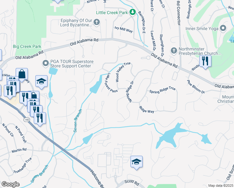 map of restaurants, bars, coffee shops, grocery stores, and more near 815 Lake Forest Pass in Roswell