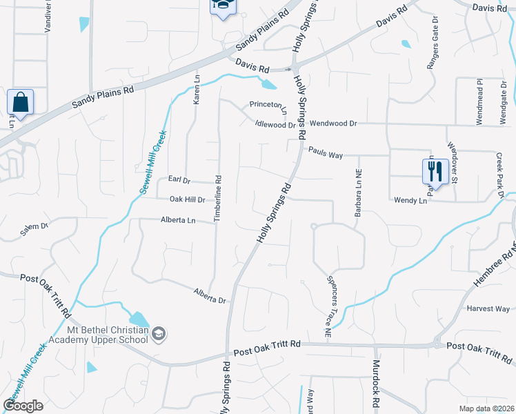map of restaurants, bars, coffee shops, grocery stores, and more near 2910 Holly Pointe Court in Marietta