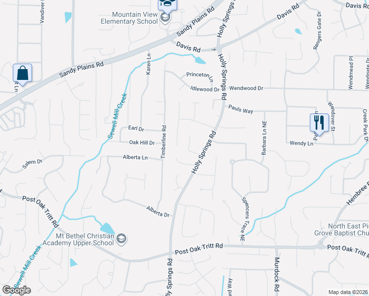map of restaurants, bars, coffee shops, grocery stores, and more near 2925 Holly Pointe Court in Marietta