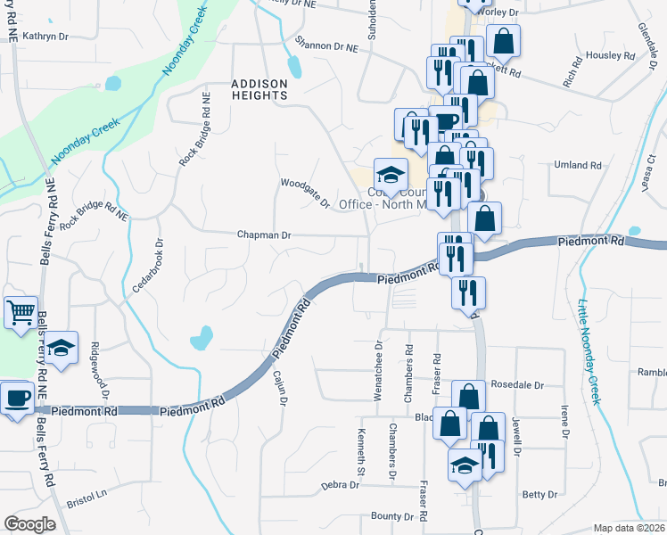 map of restaurants, bars, coffee shops, grocery stores, and more near 2815 Seagrave Way in Marietta