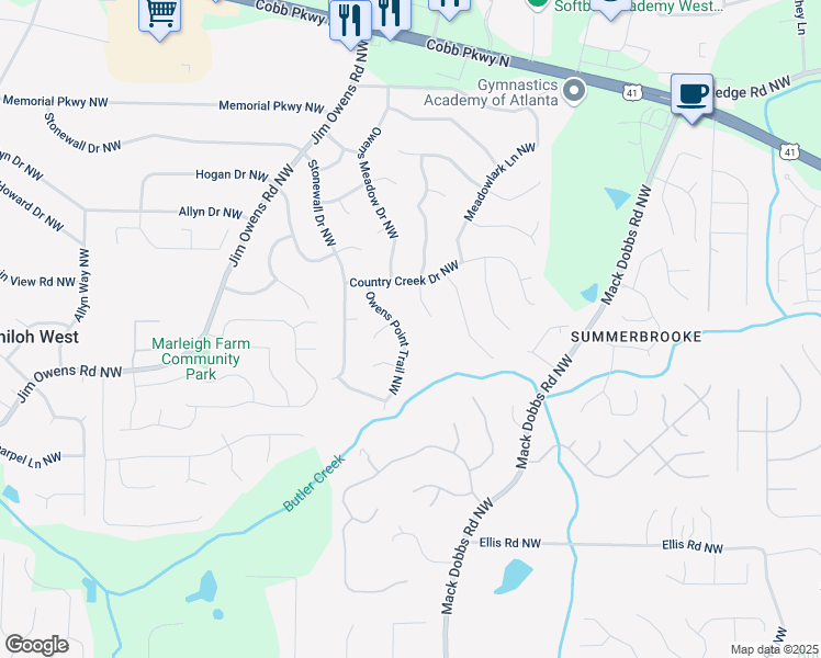 map of restaurants, bars, coffee shops, grocery stores, and more near 2936 Owens Point Trail Northwest in Kennesaw