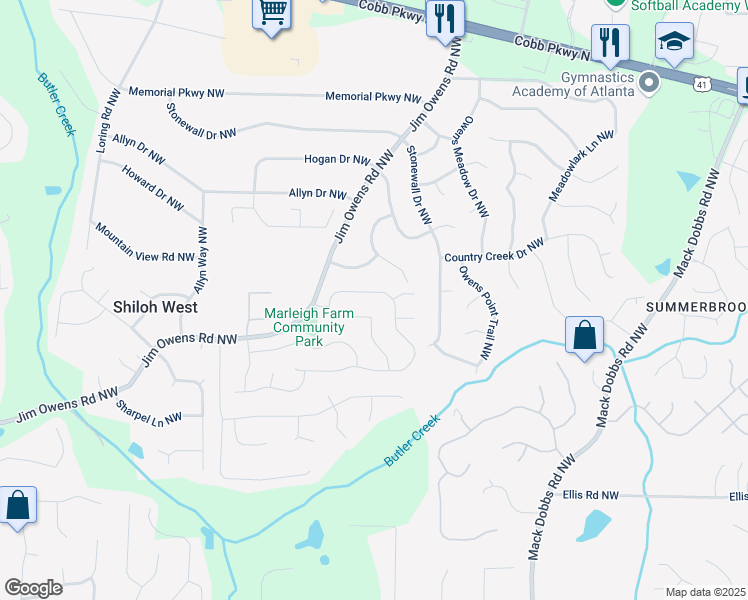 map of restaurants, bars, coffee shops, grocery stores, and more near 2622 Marleigh Farm Road Northwest in Kennesaw