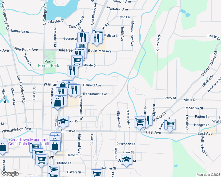 map of restaurants, bars, coffee shops, grocery stores, and more near 254 East Girard Avenue in Cedartown