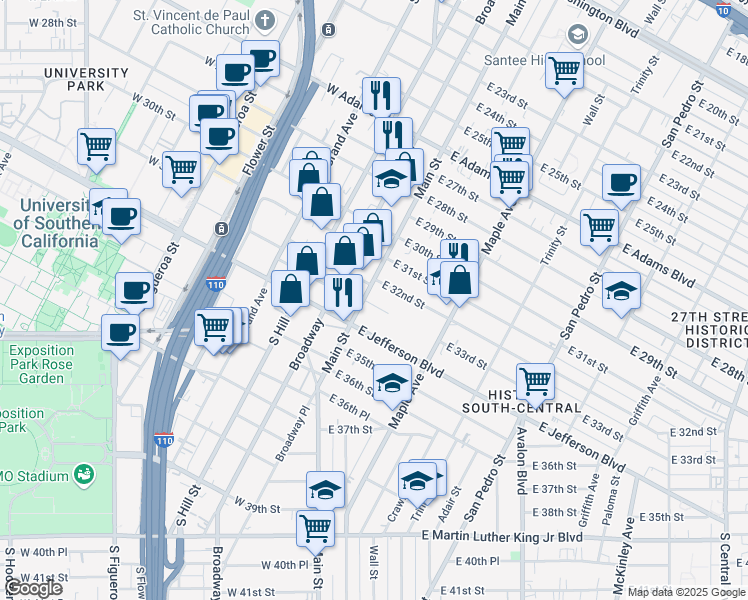 map of restaurants, bars, coffee shops, grocery stores, and more near 3201 South Main Street in Los Angeles