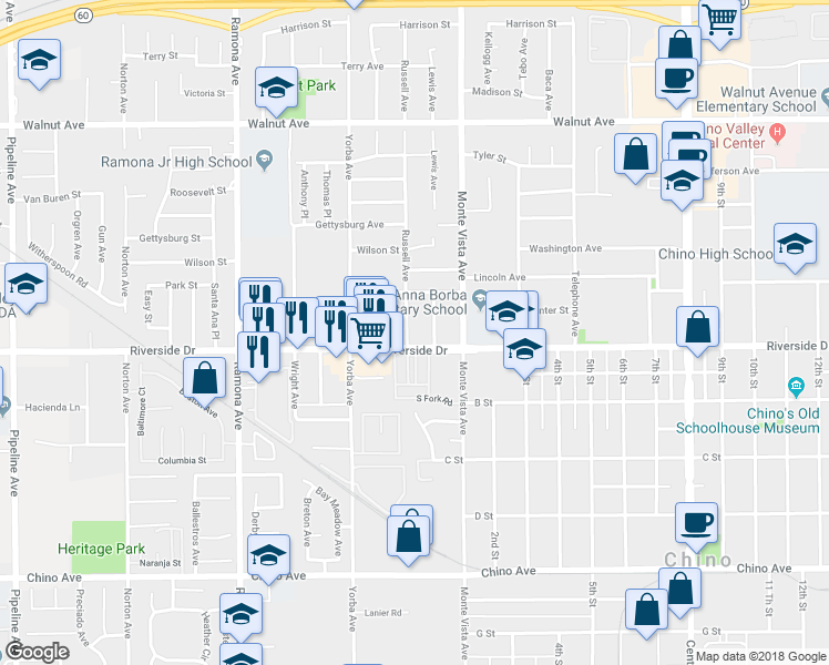 map of restaurants, bars, coffee shops, grocery stores, and more near 12871 Russell Avenue in Chino
