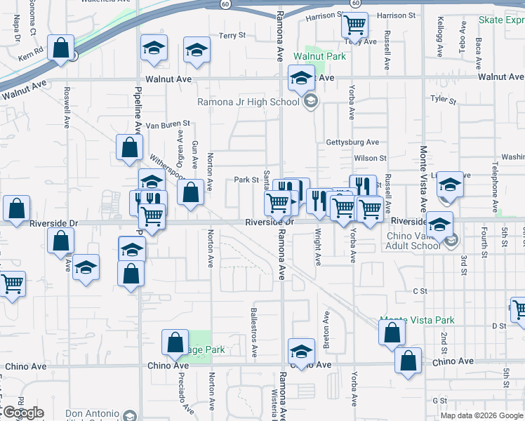map of restaurants, bars, coffee shops, grocery stores, and more near 12866 Santa Ana Place in Chino