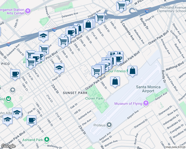map of restaurants, bars, coffee shops, grocery stores, and more near 2622 28th Street in Santa Monica