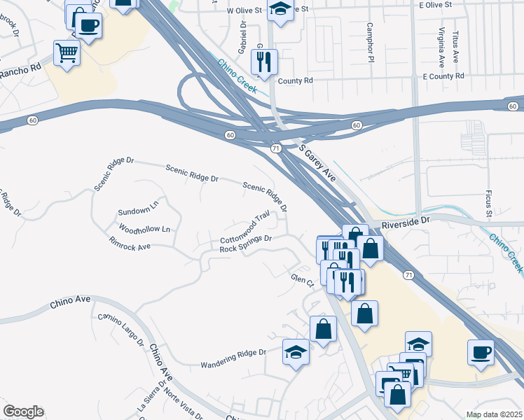 map of restaurants, bars, coffee shops, grocery stores, and more near 2566 Cottonwood Trail in Chino Hills