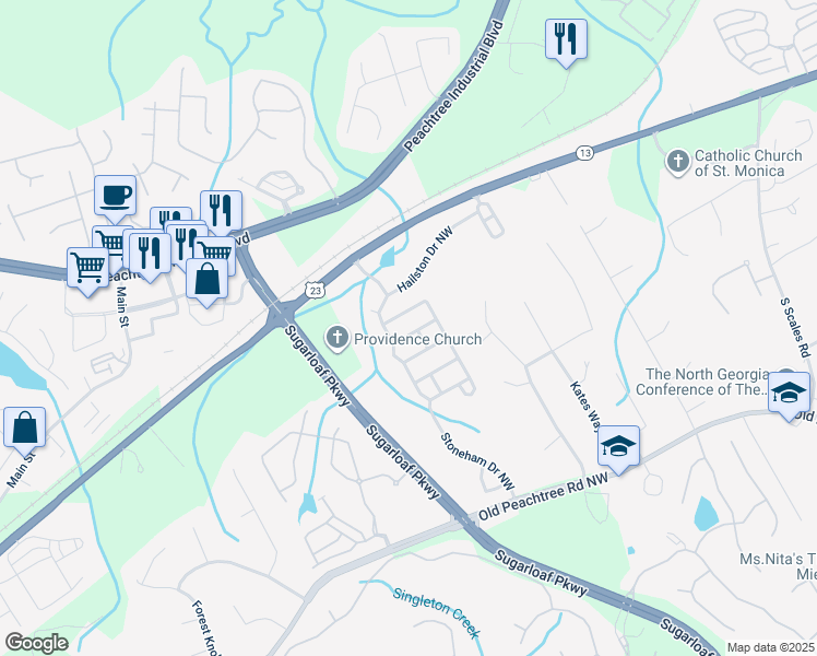 map of restaurants, bars, coffee shops, grocery stores, and more near 2088 Deptford Drive in Duluth