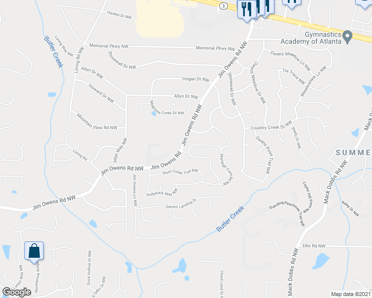 map of restaurants, bars, coffee shops, grocery stores, and more near 2651 Marleigh Farm Road Northwest in Kennesaw
