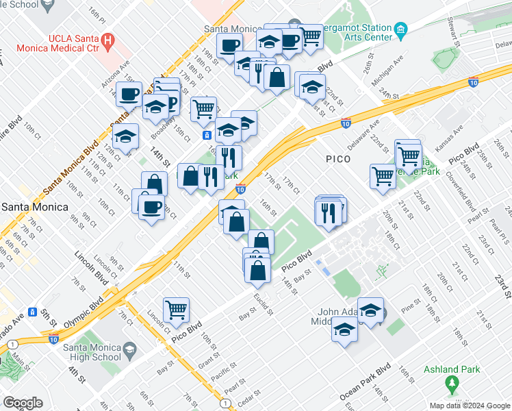 map of restaurants, bars, coffee shops, grocery stores, and more near 1520 Michigan Avenue in Santa Monica