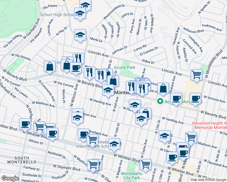 map of restaurants, bars, coffee shops, grocery stores, and more near 506 North 18th Street in Montebello