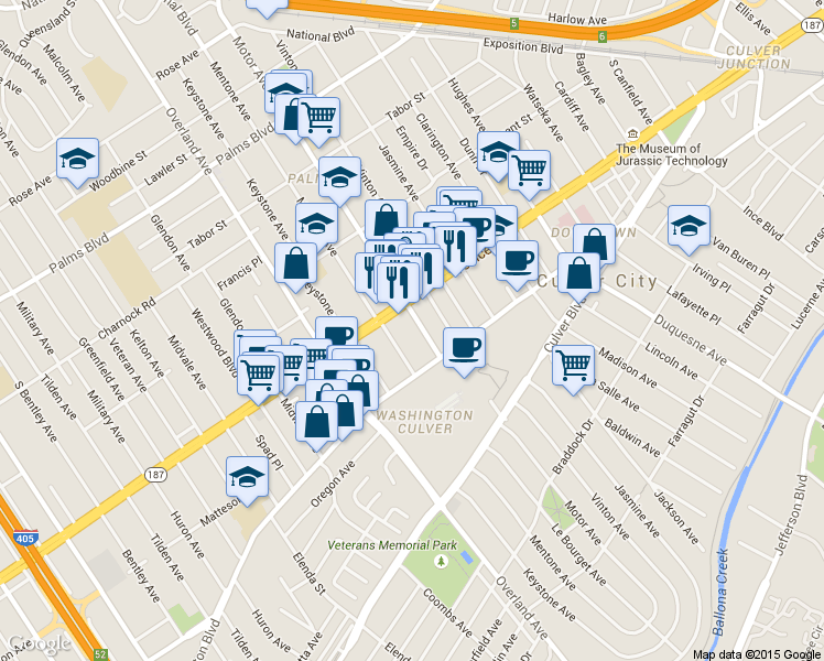 map of restaurants, bars, coffee shops, grocery stores, and more near in Culver City