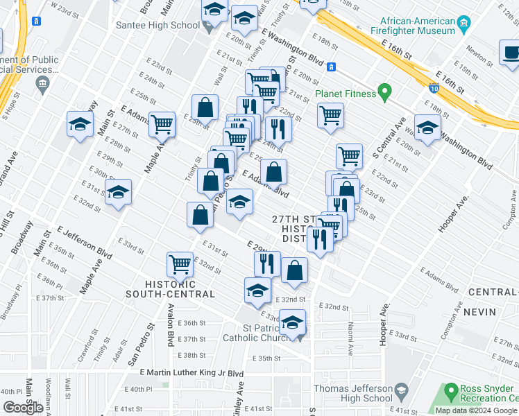 map of restaurants, bars, coffee shops, grocery stores, and more near 808 East 27th Street in Los Angeles