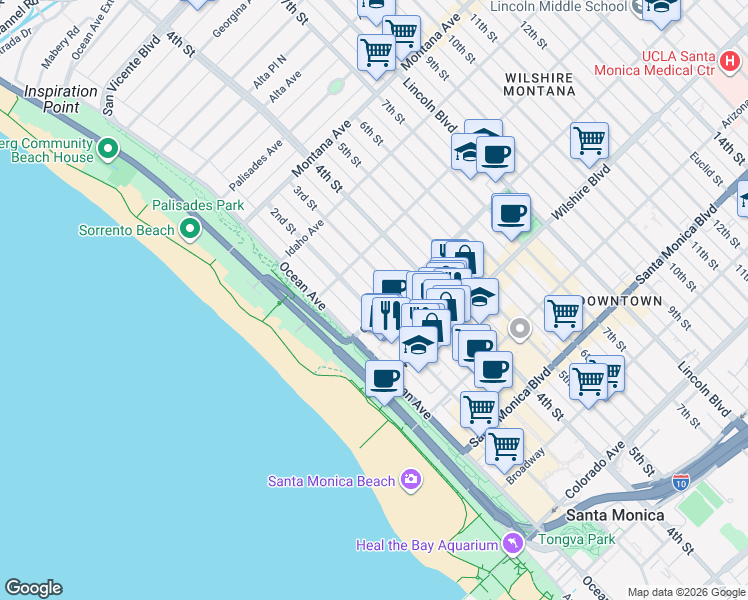 map of restaurants, bars, coffee shops, grocery stores, and more near 1047 2nd Street in Santa Monica