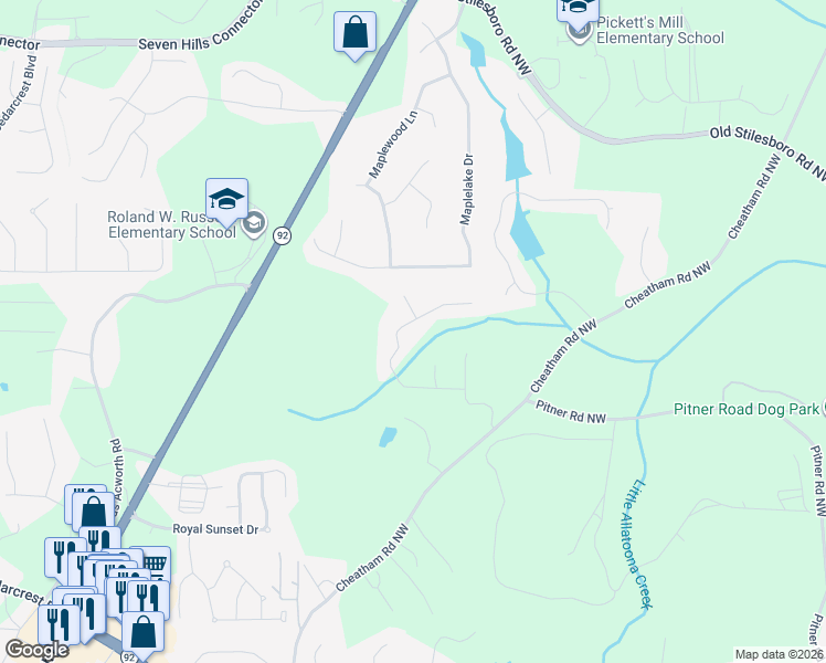 map of restaurants, bars, coffee shops, grocery stores, and more near 310 Highlander Way in Acworth