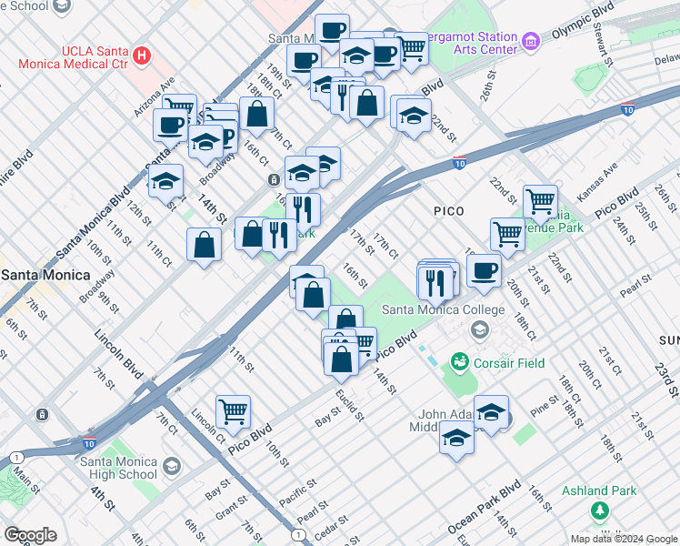map of restaurants, bars, coffee shops, grocery stores, and more near 1520 Michigan Avenue in Santa Monica