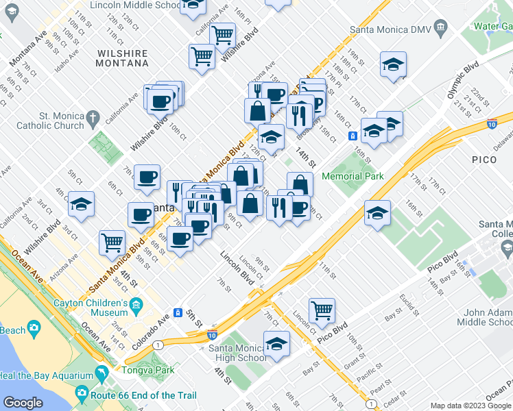 map of restaurants, bars, coffee shops, grocery stores, and more near 1536 11th Street in Santa Monica