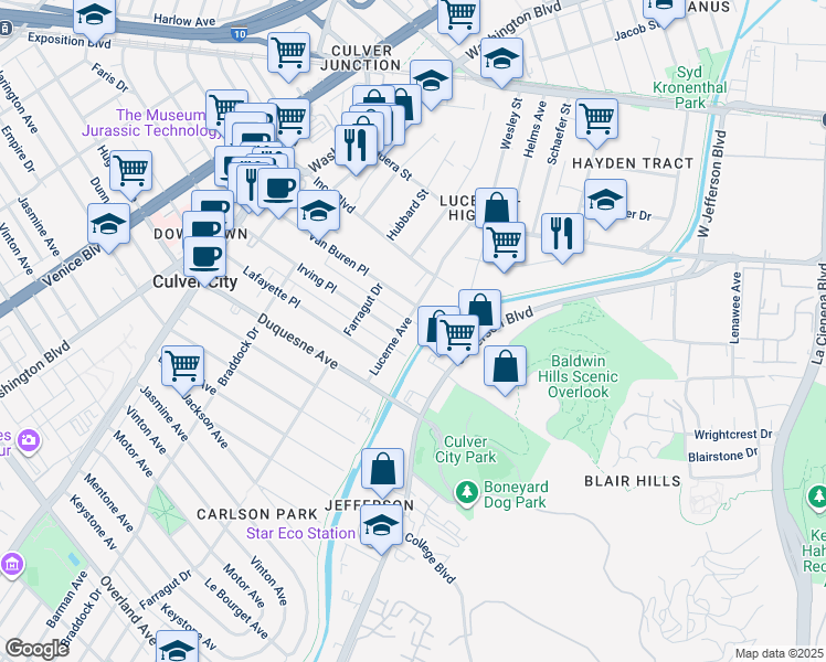 map of restaurants, bars, coffee shops, grocery stores, and more near 9520 Lucerne Avenue in Culver City
