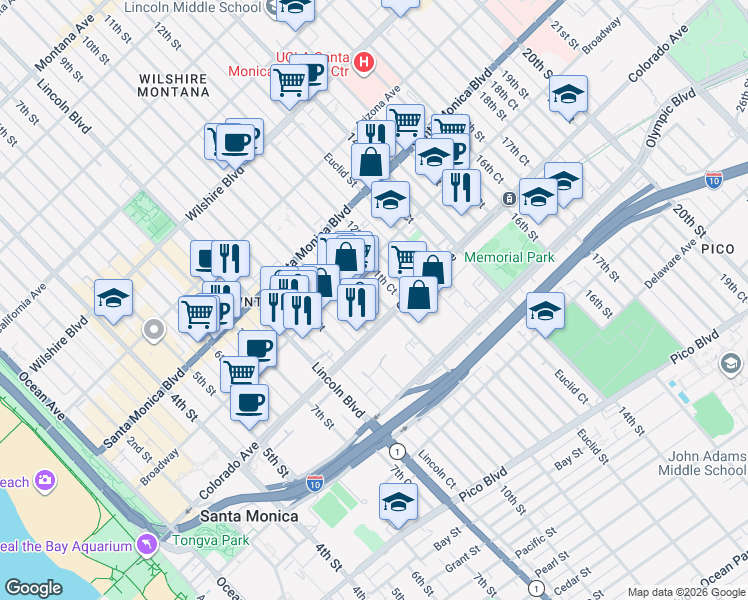 map of restaurants, bars, coffee shops, grocery stores, and more near 1538 11th Street in Santa Monica