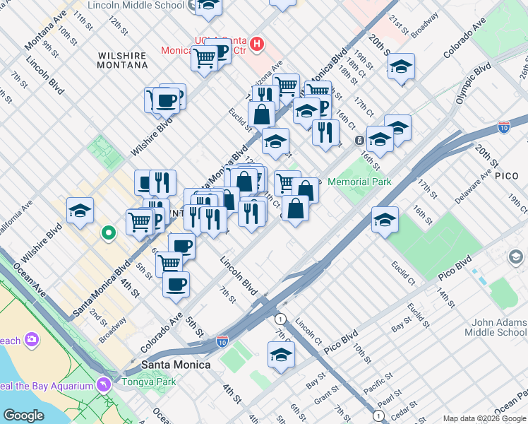 map of restaurants, bars, coffee shops, grocery stores, and more near 1538 11th Street in Santa Monica