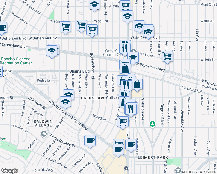 map of restaurants, bars, coffee shops, grocery stores, and more near 3698 Wellington Road in Los Angeles