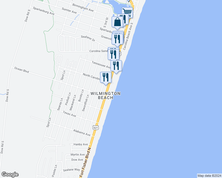map of restaurants, bars, coffee shops, grocery stores, and more near 1311 South Lake Park Boulevard in Carolina Beach