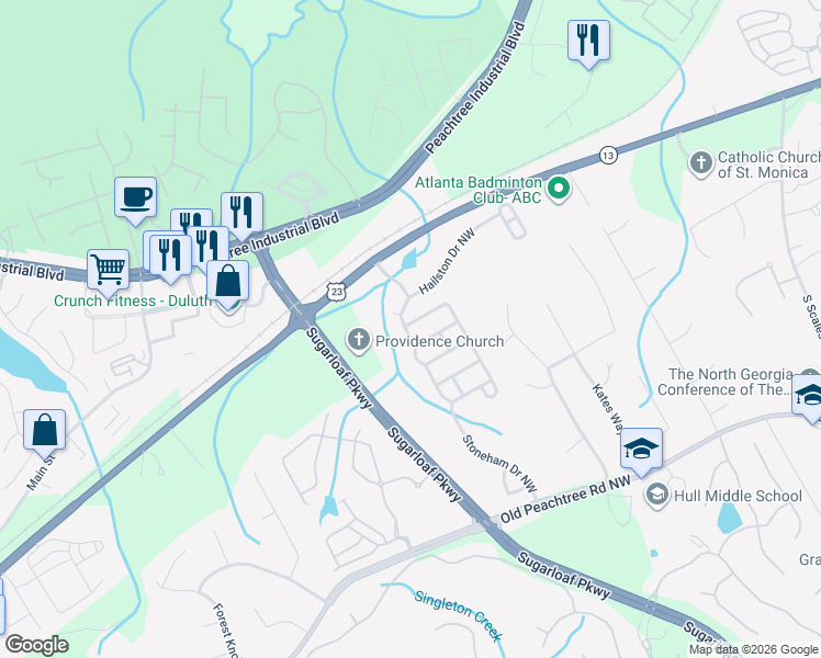 map of restaurants, bars, coffee shops, grocery stores, and more near 2114 Hailston Drive Northwest in Duluth