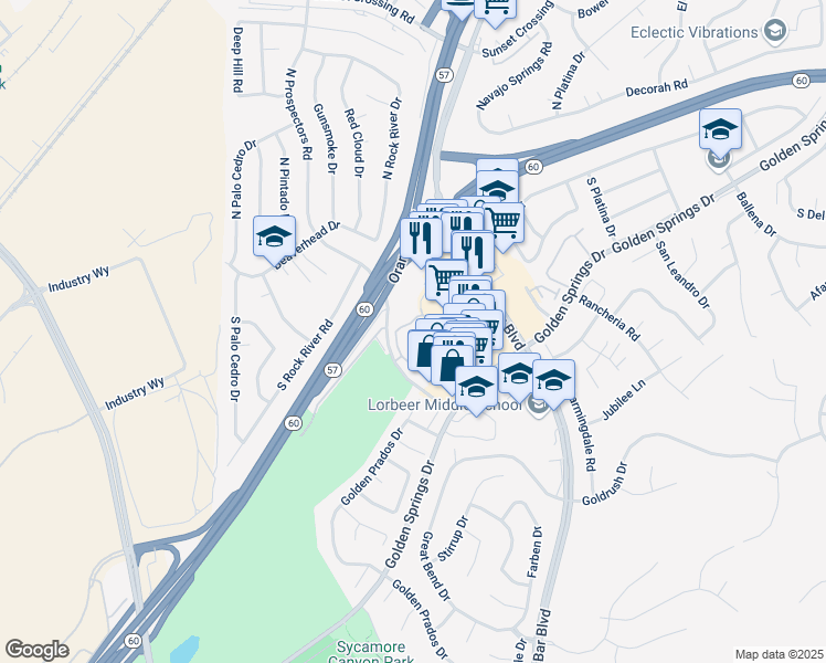 map of restaurants, bars, coffee shops, grocery stores, and more near 394 South Prospectors Road in Diamond Bar