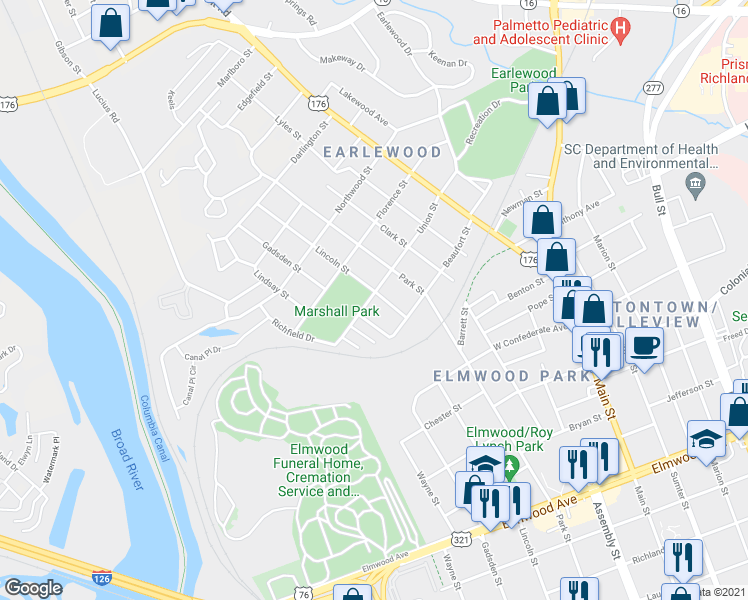 map of restaurants, bars, coffee shops, grocery stores, and more near 2835 Lincoln Street in Columbia