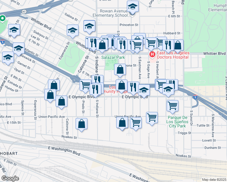 map of restaurants, bars, coffee shops, grocery stores, and more near 1150 South Hicks Avenue in Los Angeles