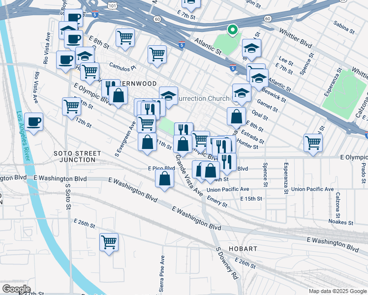 map of restaurants, bars, coffee shops, grocery stores, and more near 1401-1415 South Grande Vista Avenue in Los Angeles