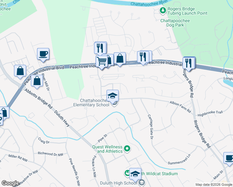 map of restaurants, bars, coffee shops, grocery stores, and more near 3953 Hawks Nest Court in Duluth