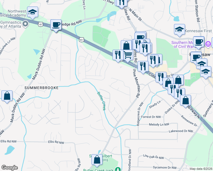 map of restaurants, bars, coffee shops, grocery stores, and more near 2702 Highland Ridge Northwest in Kennesaw