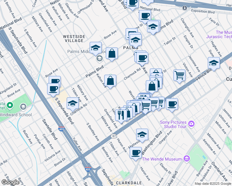 map of restaurants, bars, coffee shops, grocery stores, and more near 3631 Midvale Avenue in Los Angeles