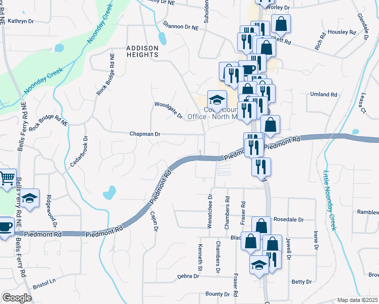 map of restaurants, bars, coffee shops, grocery stores, and more near 2823 Seagrave Way in Marietta
