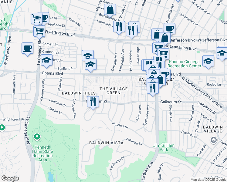 map of restaurants, bars, coffee shops, grocery stores, and more near 5412 1/2 Village Green in Los Angeles