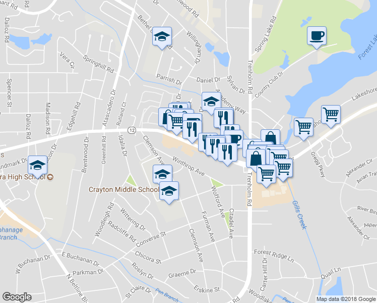 map of restaurants, bars, coffee shops, grocery stores, and more near 4600 Forest Drive in Columbia