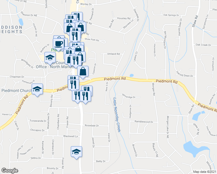 map of restaurants, bars, coffee shops, grocery stores, and more near 2830 New South Drive in Marietta