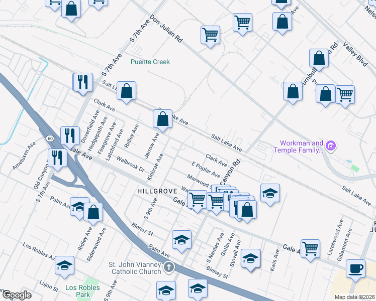 map of restaurants, bars, coffee shops, grocery stores, and more near 15018 Clark Avenue in Hacienda Heights