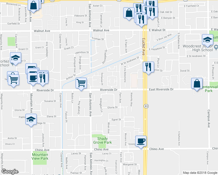 map of restaurants, bars, coffee shops, grocery stores, and more near 6815 Cosmos Street in Chino