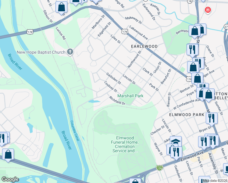 map of restaurants, bars, coffee shops, grocery stores, and more near 3027 Lindsay Street in Columbia