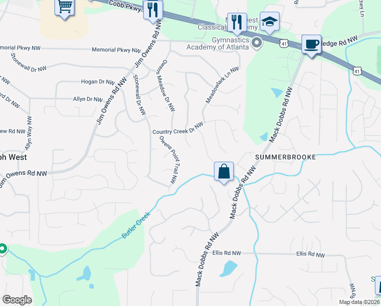 map of restaurants, bars, coffee shops, grocery stores, and more near 3405 Owens Pass Northwest in Kennesaw