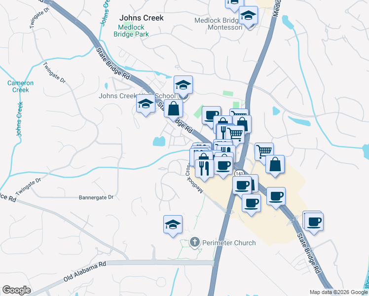 map of restaurants, bars, coffee shops, grocery stores, and more near 5625 Otley Place in Alpharetta