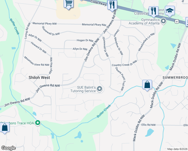 map of restaurants, bars, coffee shops, grocery stores, and more near 2622 Marleigh Farm Road Northwest in Kennesaw