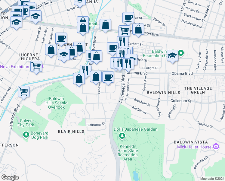 map of restaurants, bars, coffee shops, grocery stores, and more near 5845 Bowcroft Street in Los Angeles