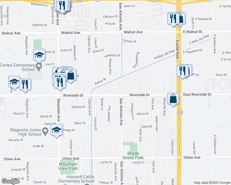 map of restaurants, bars, coffee shops, grocery stores, and more near 6648 East Riverside Drive in Ontario
