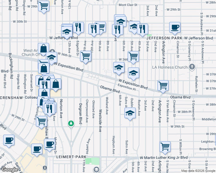 map of restaurants, bars, coffee shops, grocery stores, and more near 2725 Obama Boulevard in Los Angeles